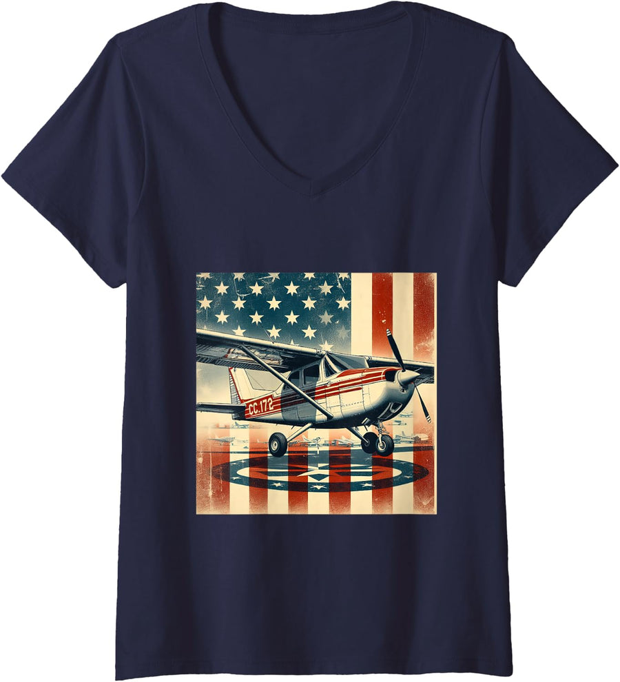 Women's C-172 Skyhawk Vintage C172 Airplane Retro US Flag V-Neck T-Shirt - Navy Blue