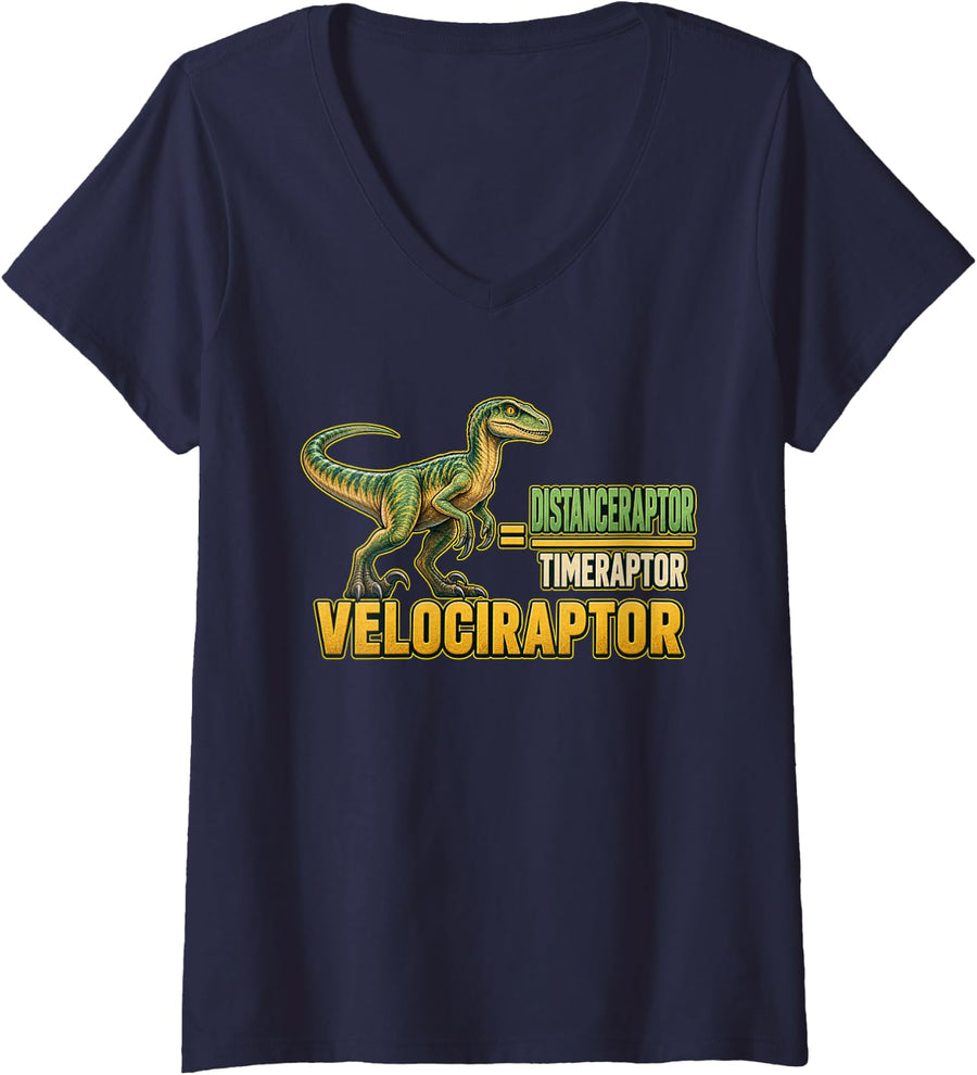 Women's Velociraptor Equals DISTANCERAPTOR Over TIMERAPTOR Math Geek V-Neck T-Shirt - Navy Blue
