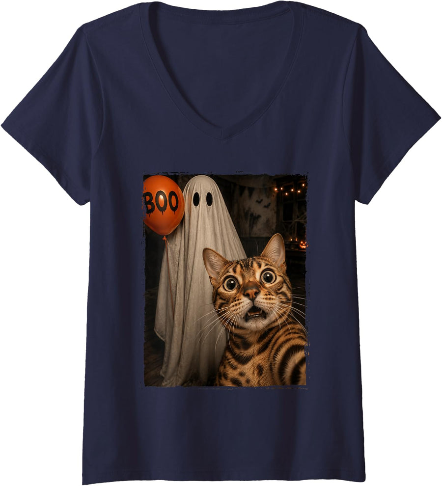 Women's Funny Bengal Cat Halloween Selfie Ghost Boo Balloon Kids V-Neck T-Shirt - Navy Blue