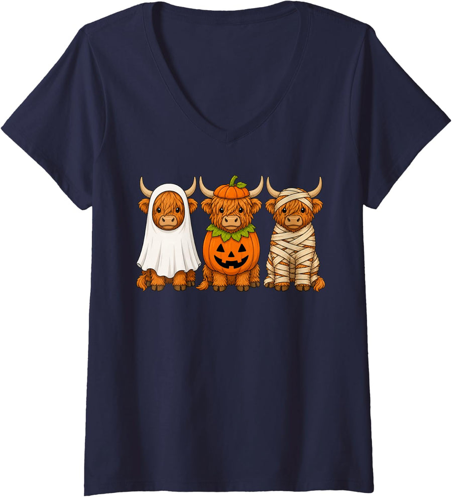 Women's Spooky Highland Cow Pumpkin Ghost Halloween Farm Animal V-Neck T-Shirt - Navy Blue