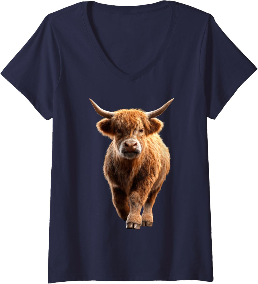 Women's Highland Cow Cattle Farmer Vegan Bull Cows Farm Cute Cow V-Neck T-Shirt - Navy Blue