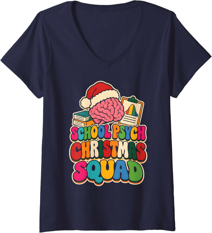 Women's School Psych Christmas Squad School Psychologist Christmas V-Neck T-Shirt - Navy Blue
