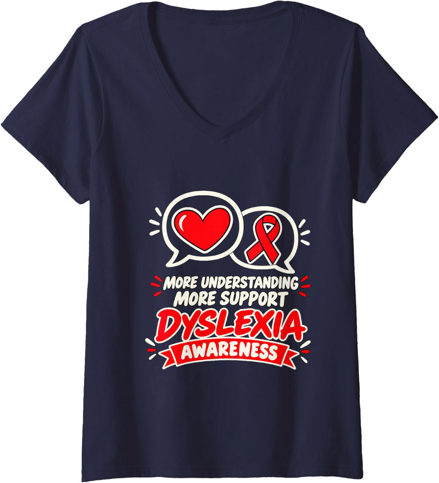 Women's More Understanding More Support Dyslexia Awareness V-Neck T-Shirt - Navy Blue