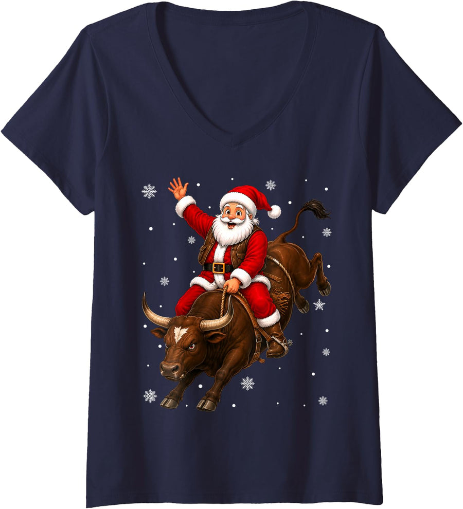 Women's Funny Rodeo Santa Riding Bull Christmas V-Neck T-Shirt - Navy Blue
