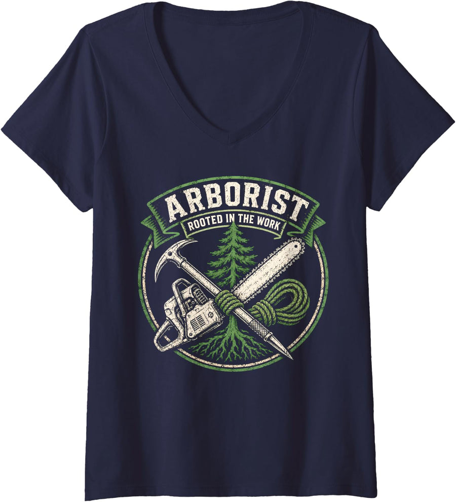 Women's Arborist Rooted in The Work Tree Climber Gifts V-Neck T-Shirt - Navy Blue