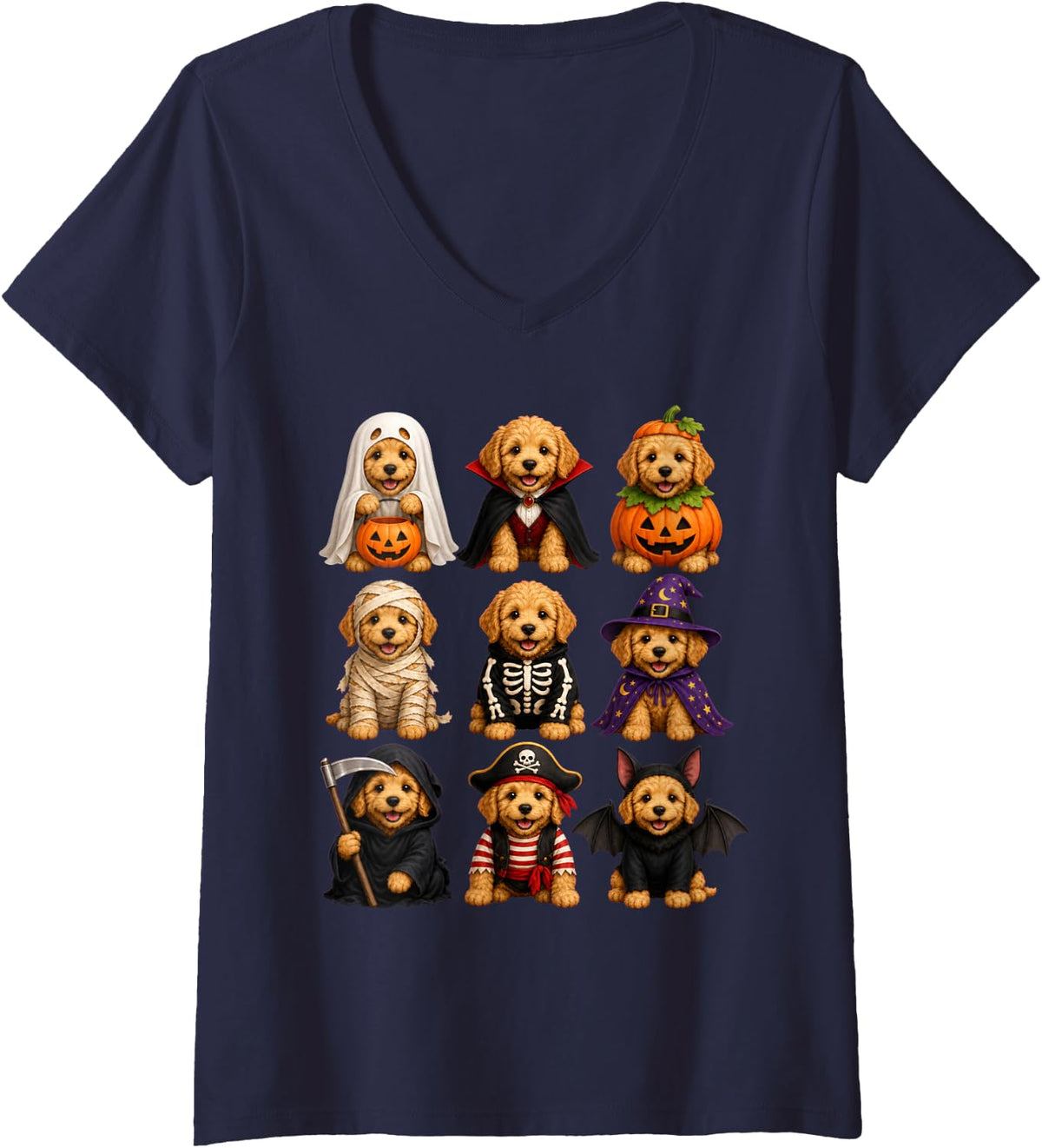 Women's Halloween Apricot Goldendoodle Squad Pumpkin Vampire V-Neck T-Shirt - Navy Blue