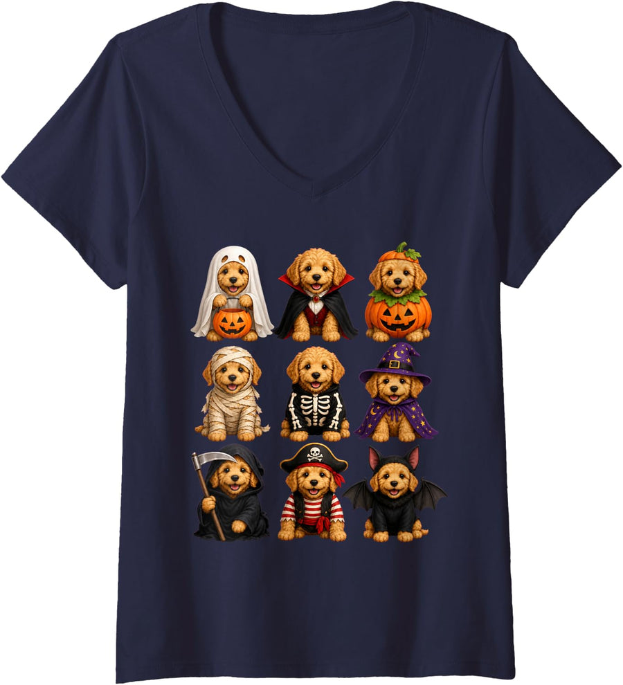 Women's Halloween Apricot Goldendoodle Squad Pumpkin Vampire V-Neck T-Shirt - Navy Blue