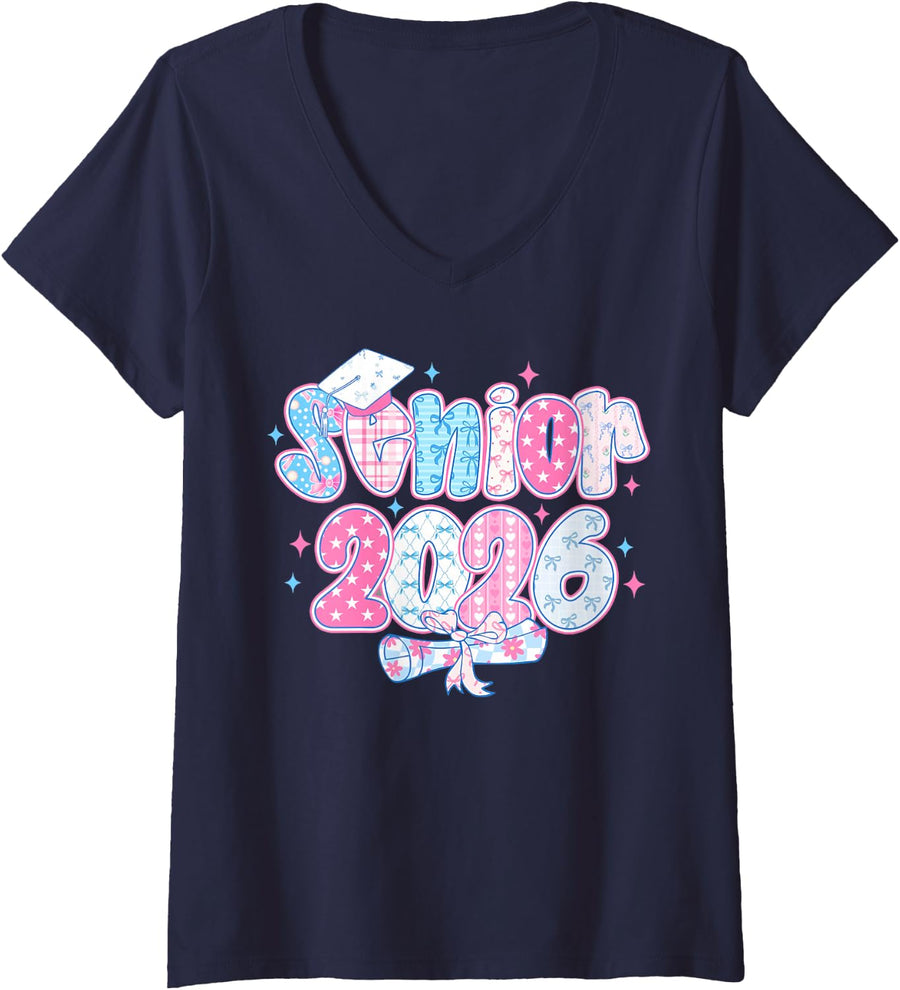 Women's Senior Crown Class of 2026 Cute Coquette Bow Teacher Student V-Neck T-Shirt - Navy Blue