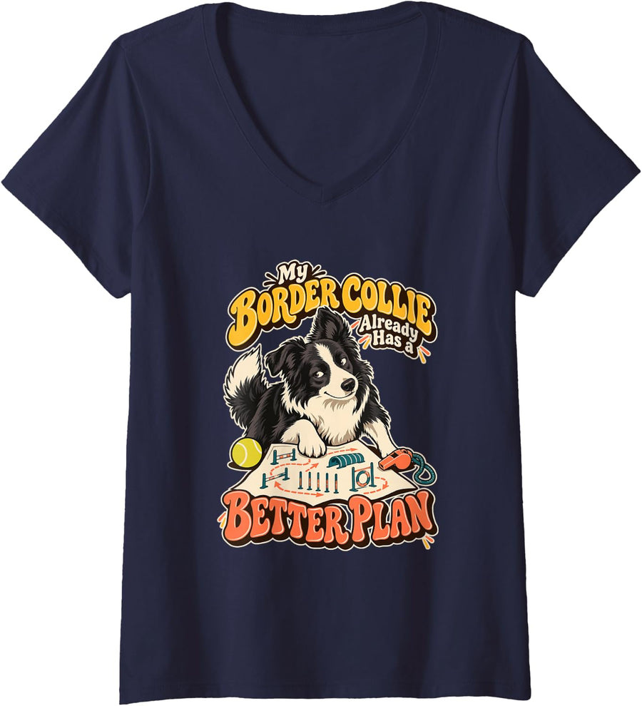 Women's Better Course Strategy Working Dog Humor Border Collie V-Neck T-Shirt - Navy Blue