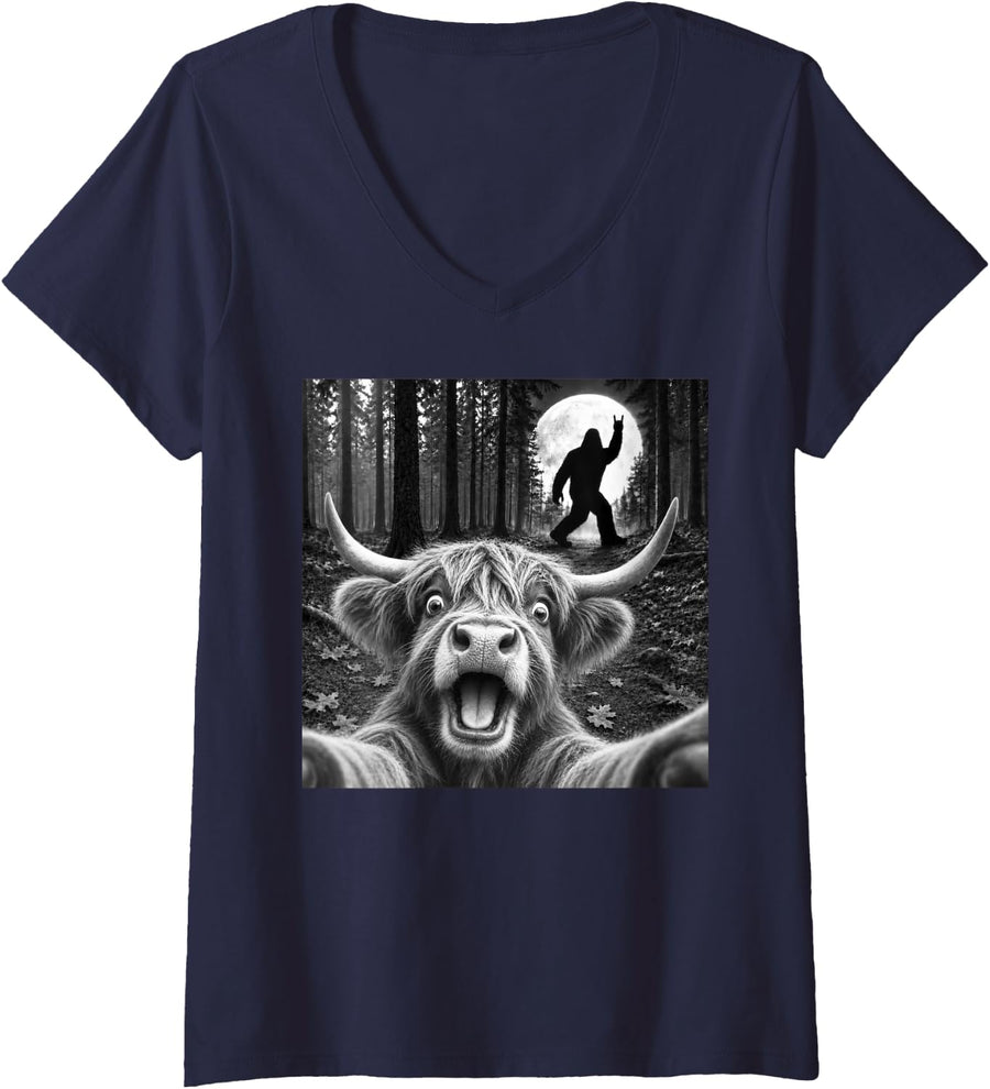 Women's Highland Cow Selfie with Bigfoot Rock and Roll Sasquatch V-Neck T-Shirt - Navy Blue