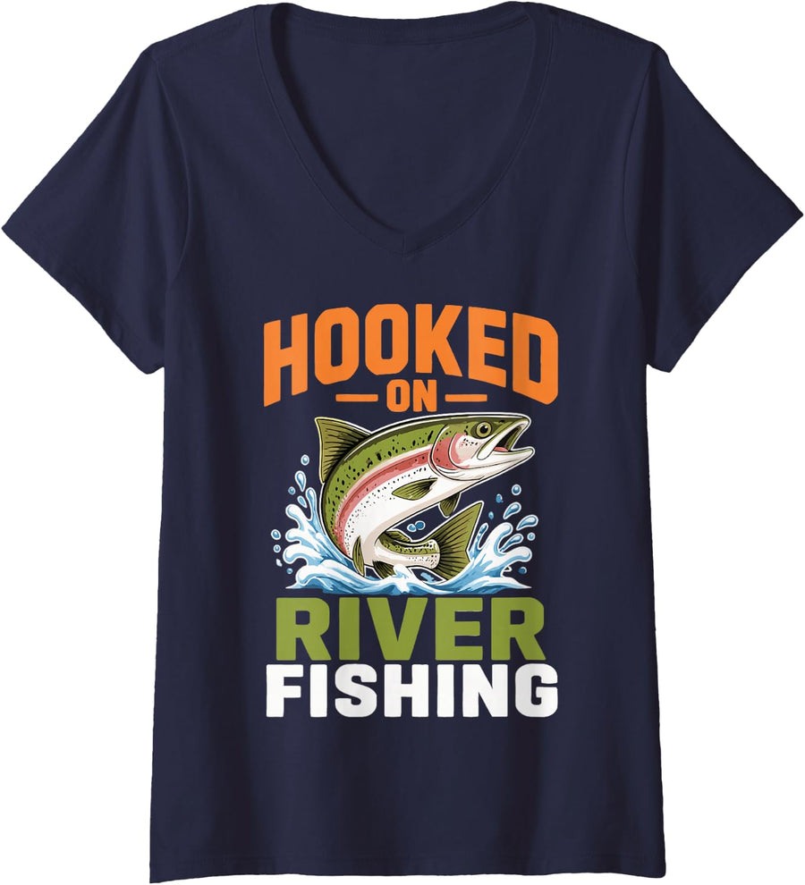 Women's Funny River Fishing Lover Freshwater Angler Fisherman V-Neck T-Shirt - Navy Blue