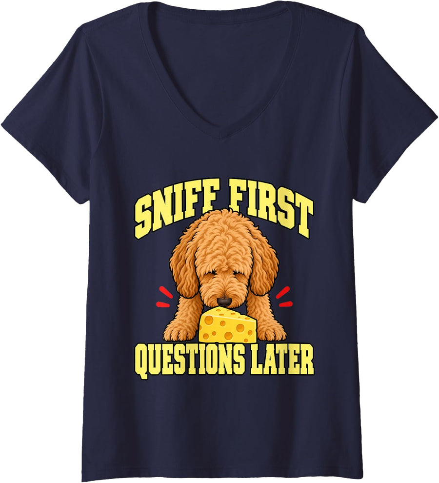 Women's Goldendoodle Sniff First Questions Later Puppy Lover Humor V-Neck T-Shirt - Navy Blue