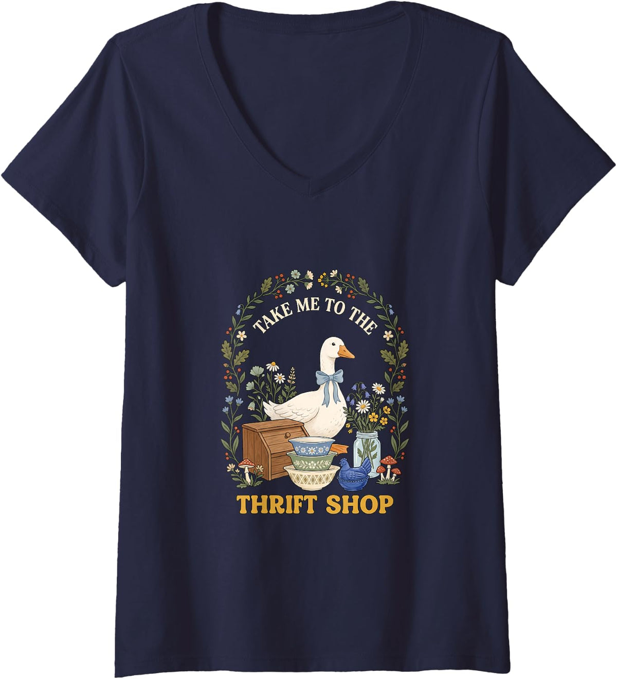 Women's Take Me to The Thrift Shop Goose Vintage Aesthetic V-Neck T-Shirt - Navy Blue