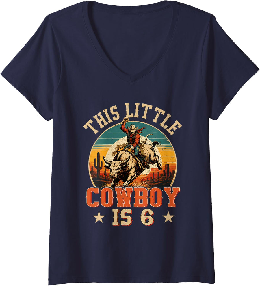 Women's 6 Years Old Bull Riding Lover 6th Birthday Cowboy Theme V-Neck T-Shirt - Navy Blue