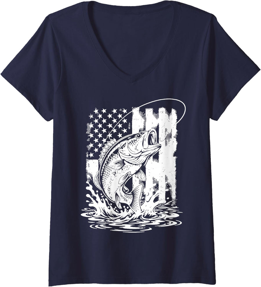Women's Vintage River Fishing Lover American Freshwater Angler V-Neck T-Shirt - Navy Blue