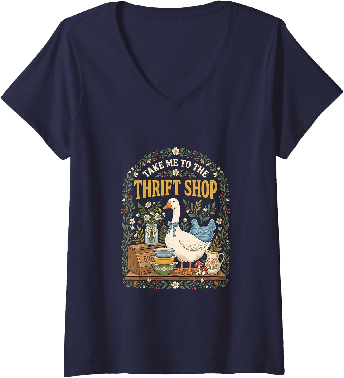 Women's Take Me to The Thrift Shop Vintage Goose Graphic V-Neck T-Shirt - Navy Blue