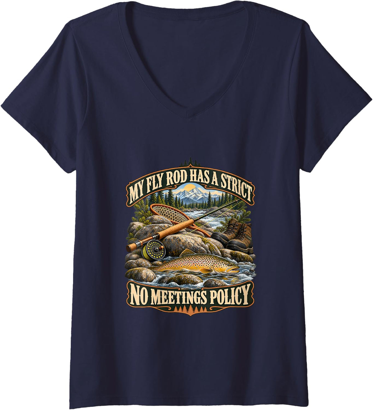 Women's Fly Rod No Meetings Policy Funny Fly Fishing V-Neck T-Shirt - Navy Blue