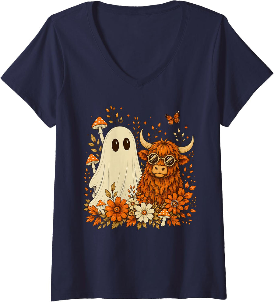 Women's Spooky Highland Cow & Ghost Wildflowers Retro Halloween Day V-Neck T-Shirt - Navy Blue