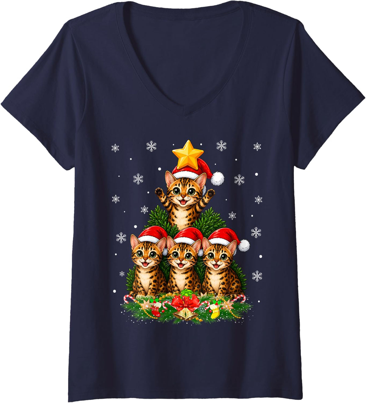Women's Bengal Cat Christmas Tree Cute Animal Festive Cheer Xmas V-Neck T-Shirt - Navy Blue