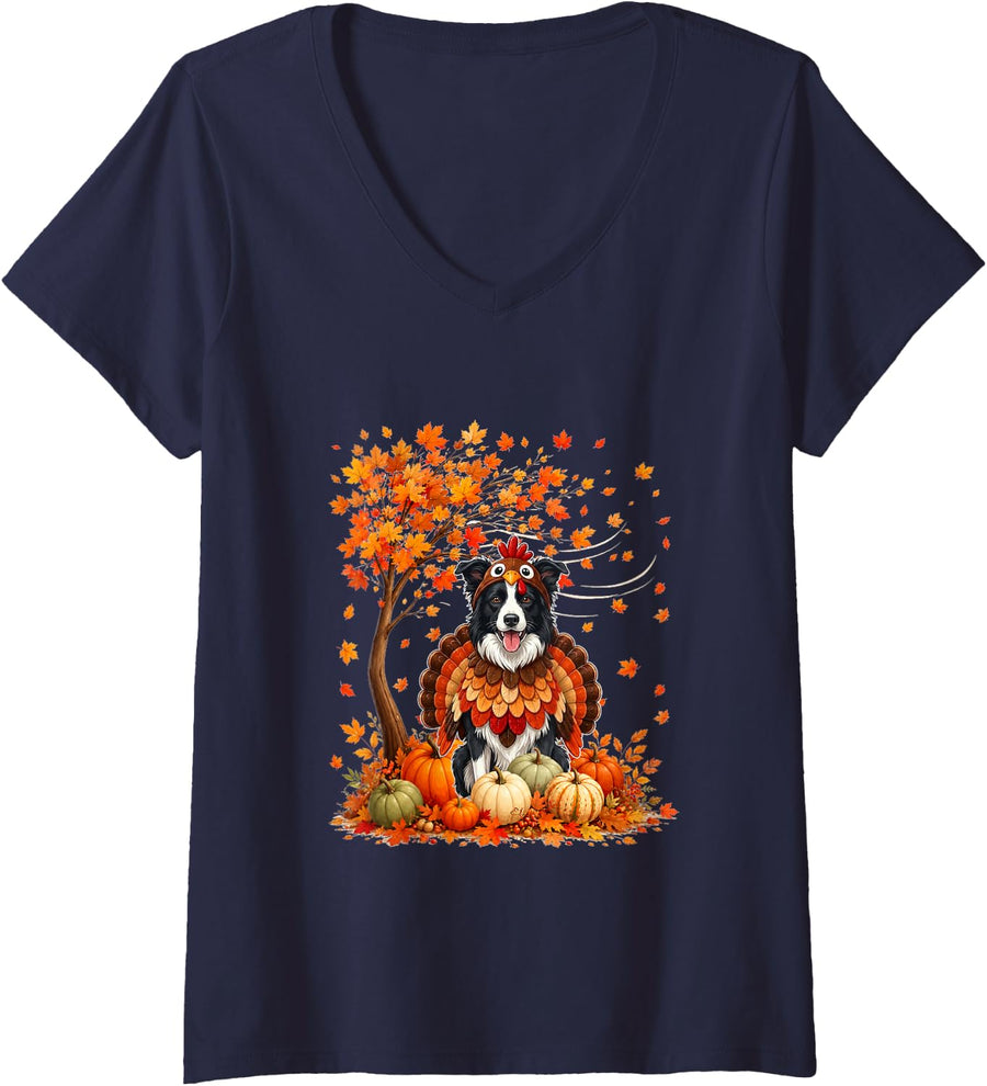 Women's Border Collie Cosplay Turkey Fall Tree Pumpkins Thanksgiving V-Neck T-Shirt - Navy Blue