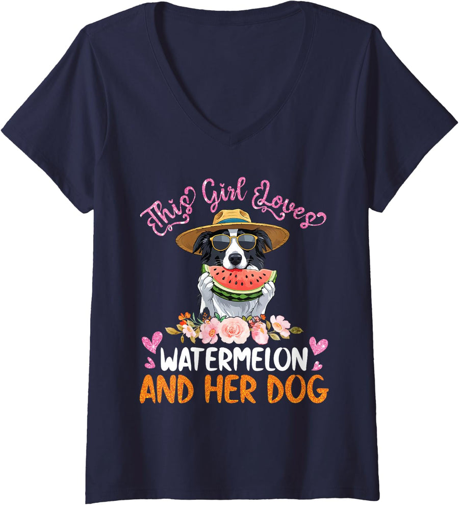 Women's This Girl Loves Watermelon and Her Border Collie Dog Mother V-Neck T-Shirt - Navy Blue