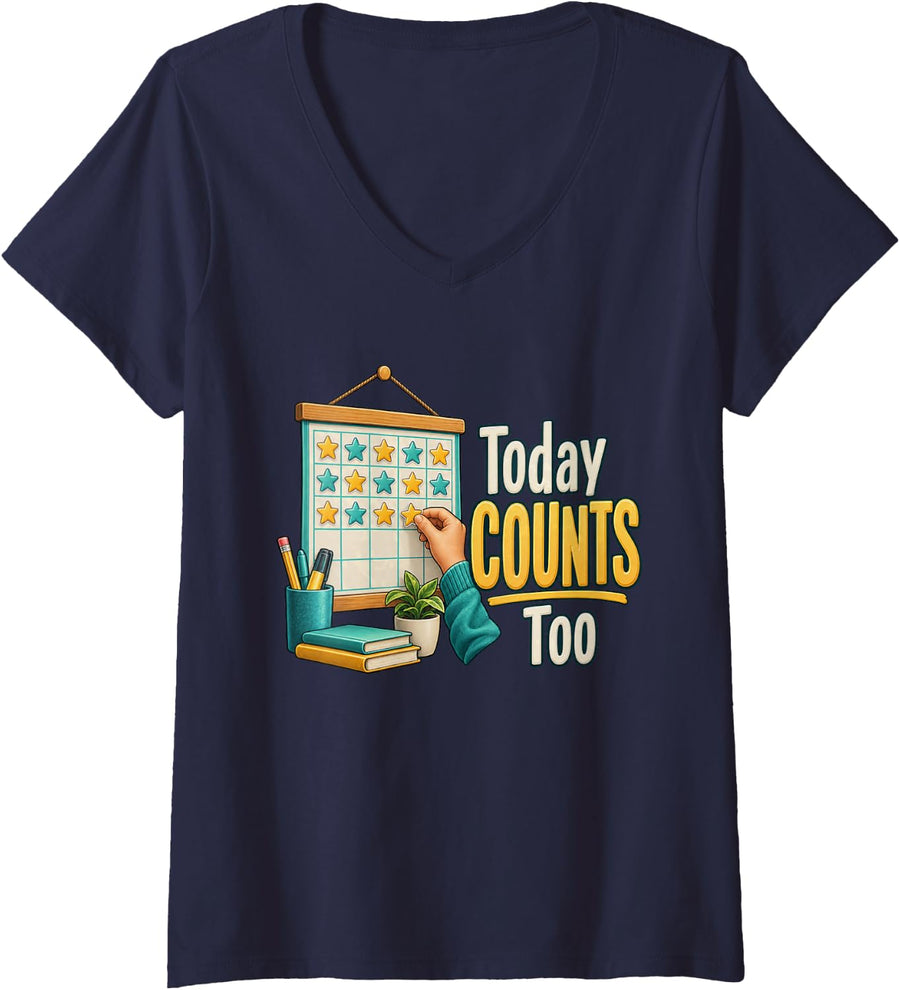 Women's Today Counts Too Back to School Teacher Elementary V-Neck T-Shirt - Navy Blue