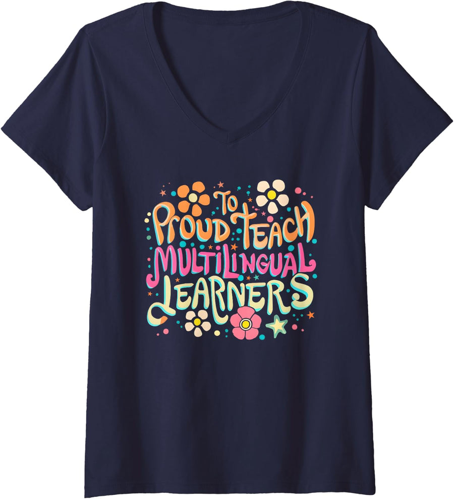 Women's Proud to Teach Multilingual Learners Spanish Teacher Groovy V-Neck T-Shirt - Navy Blue