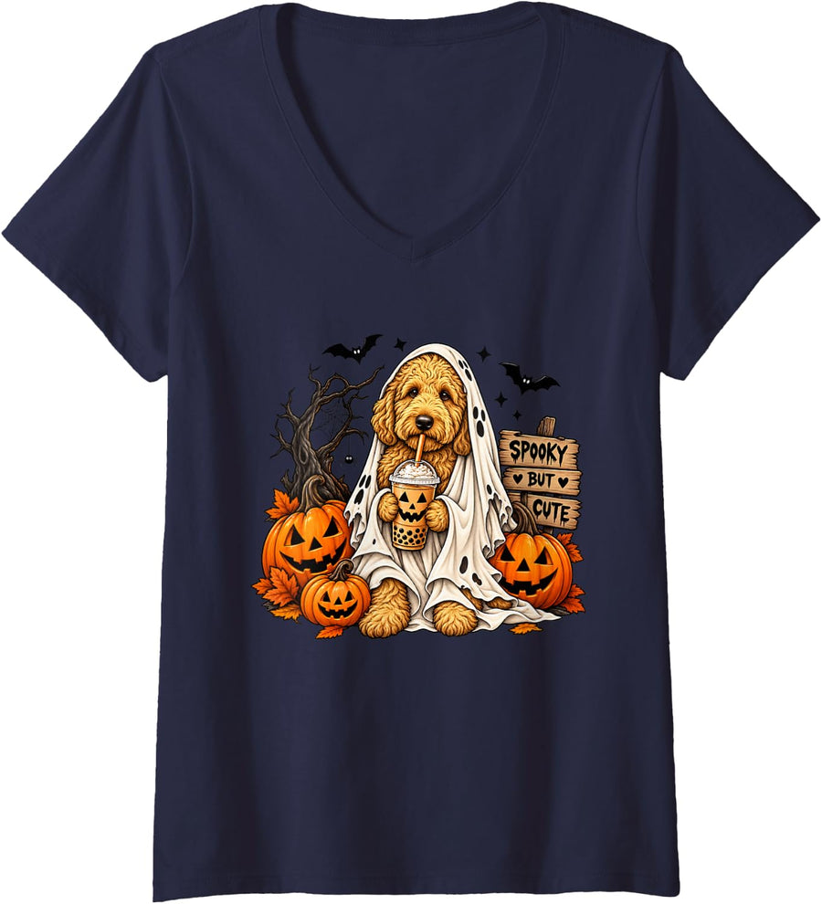 Women's Goldendoodle Ghost and Boba Cute Halloween Dog Lover V-Neck T-Shirt - Navy Blue