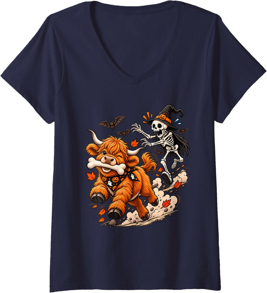 Women's Funny Highland Cow Chased by Skeleton Halloween Men Women V-Neck T-Shirt - Navy Blue