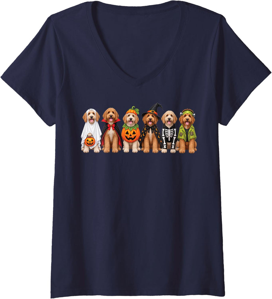Women's Funny Doodle Halloween Costume V-Neck T-Shirt - Navy Blue