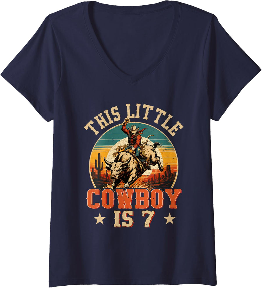 Women's 7 Years Old Bull Riding Lover 7th Birthday Cowboy Theme V-Neck T-Shirt - Navy Blue
