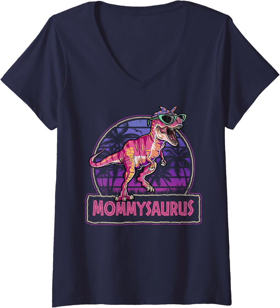 Womens Mommysaurus T Rex Dinosaur Mama Saurus Family Matching Women V-Neck T-Shirt - Navy Blue