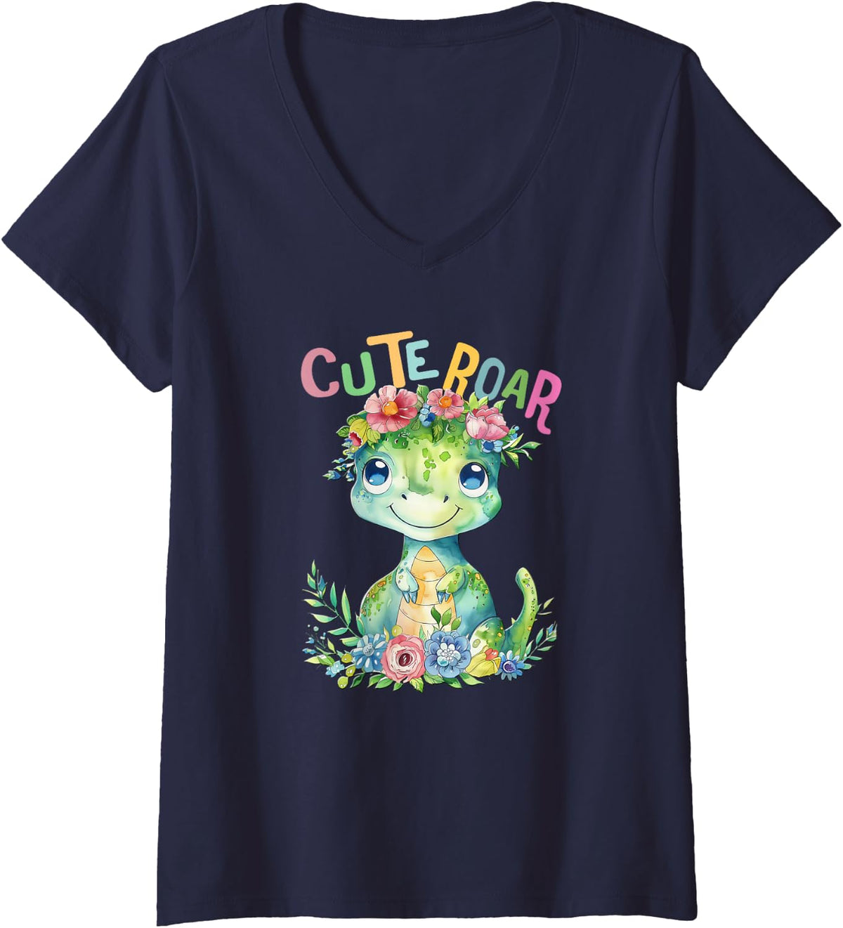 Women's baby dino with flowers cute dinosaurs dinos cute roar V-Neck T-Shirt - Navy Blue