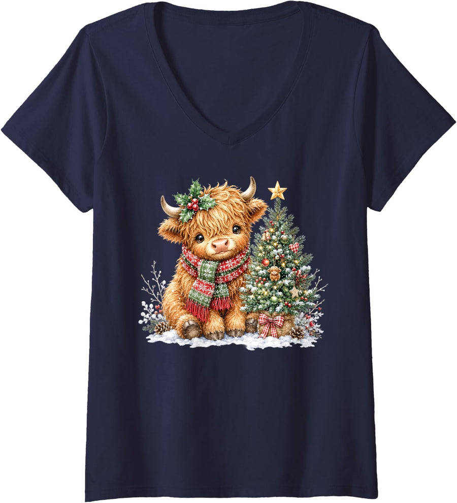 Women's Christmas Highland Cow Scarf Xmas Tree Holiday Cow Lover V-Neck T-Shirt - Navy Blue