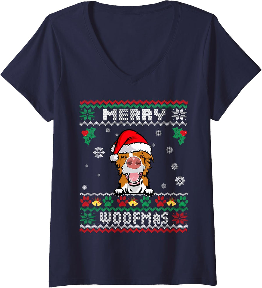Women's Merry Woofmas Border Collie Dog Ugly Christmas Sweater Xmas V-Neck T-Shirt - Navy Blue