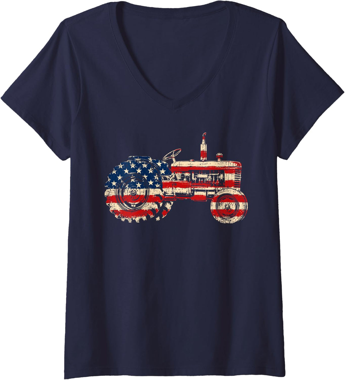 Women's Farm Tractor Proud Farmer Patriotic American Flag Tractor V-Neck T-Shirt - Navy Blue