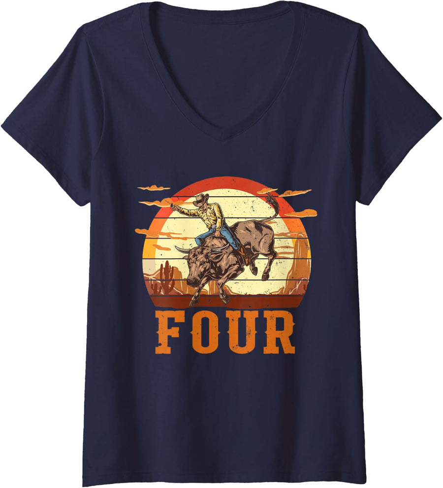 Women's Bull Riding 4th Birthday 4 Years Old Boy Cowboy Rodeo V-Neck T-Shirt - Navy Blue