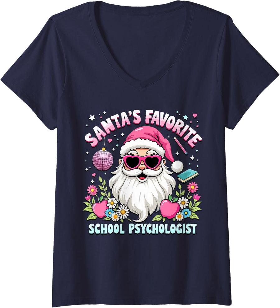 Women's Funny Pink Santa's Favorite School Psychologist Christmas V-Neck T-Shirt - Navy Blue