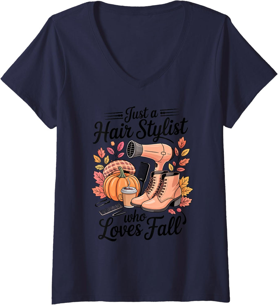 Women's Just a Hair Stylist who Loves Fall Autumn Matching Outfit V-Neck T-Shirt - Navy Blue