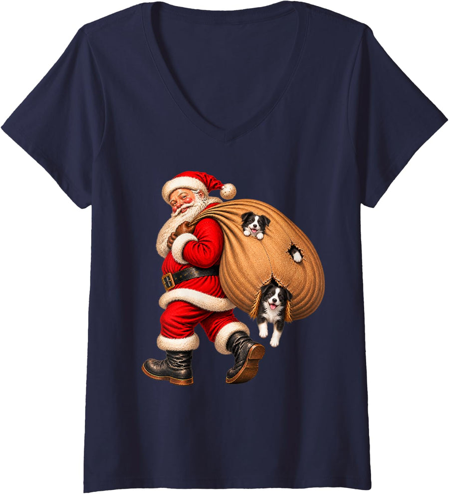 Women's Santa Claus Delivering Border Collie Presents Naughty Dog V-Neck T-Shirt - Navy Blue
