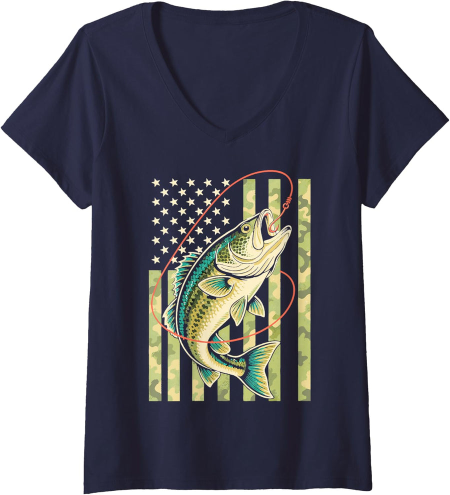 Women's American River Fishing Freshwater Angler Fisherman V-Neck T-Shirt - Navy Blue