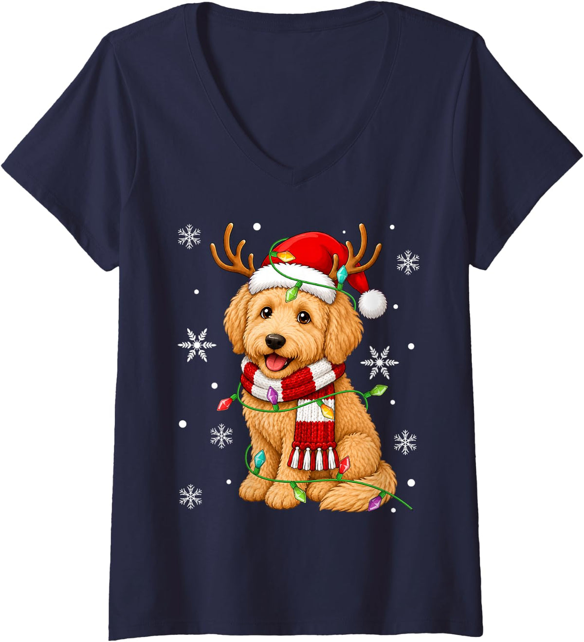 Women's Goldendoodle Dog Christmas Lights Santa Hat Scarf Xmas V-Neck T-Shirt - Navy Blue