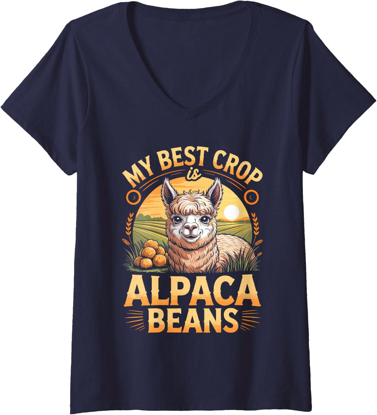 Women's My Best Crop is Alpaca Beans Alpacas V-Neck T-Shirt - Navy Blue