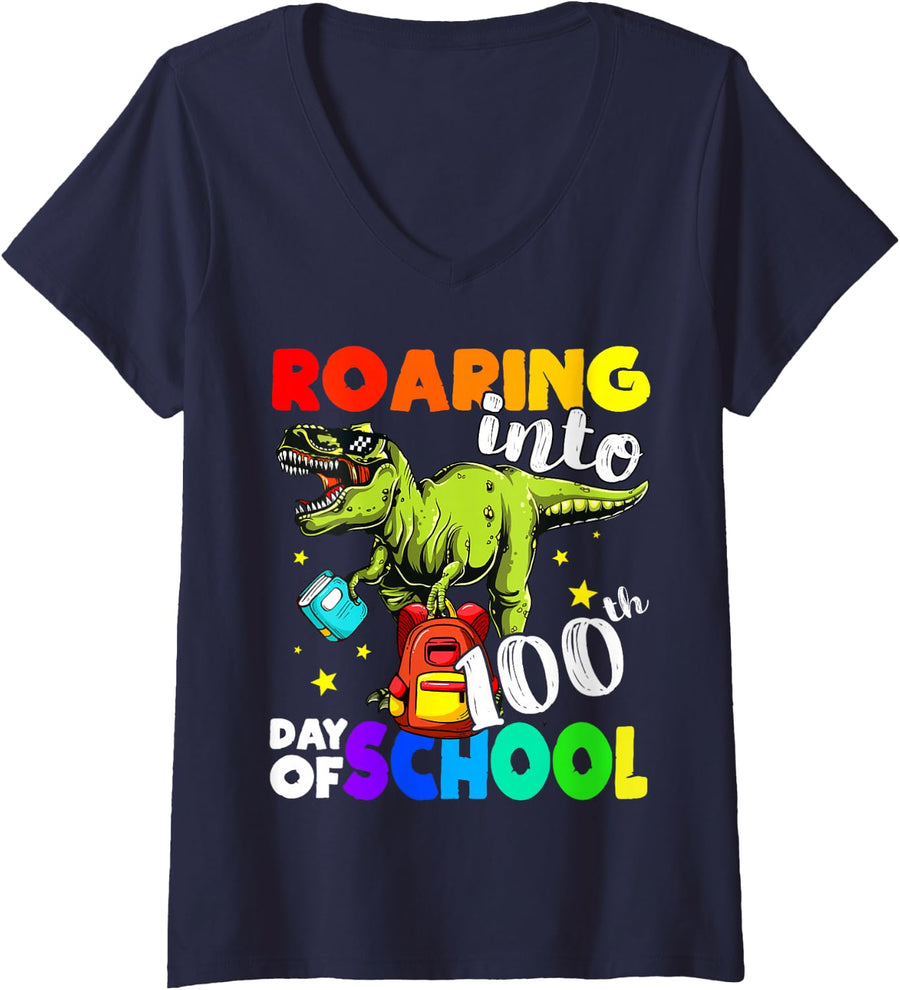 Women's Roaring Into 100th Day of School Dino, Cute Kids & Teachers V-Neck T-Shirt - Navy Blue