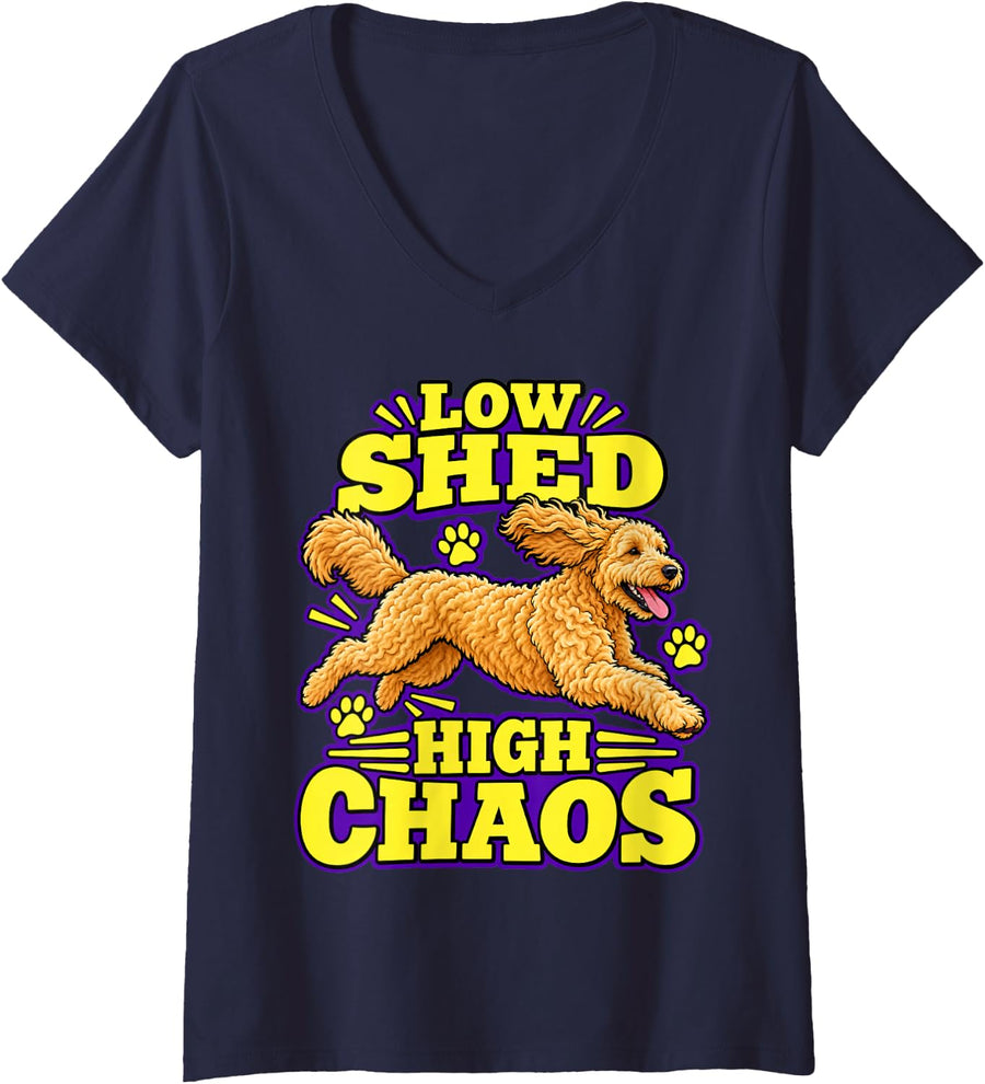 Women's Goldendoodle Low Shed High Chaos Dog Dad Funny Curly V-Neck T-Shirt - Navy Blue