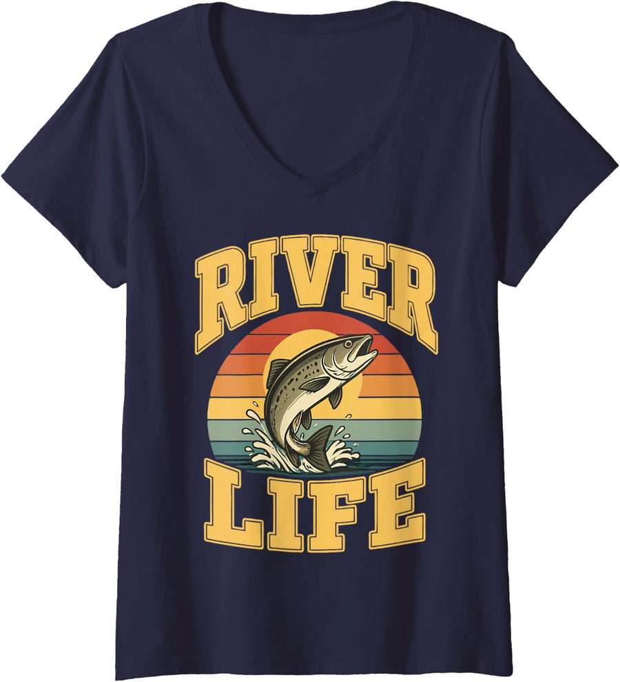 Women's River Fishing Freshwater Angler Vintage Fisherman V-Neck T-Shirt - Navy Blue