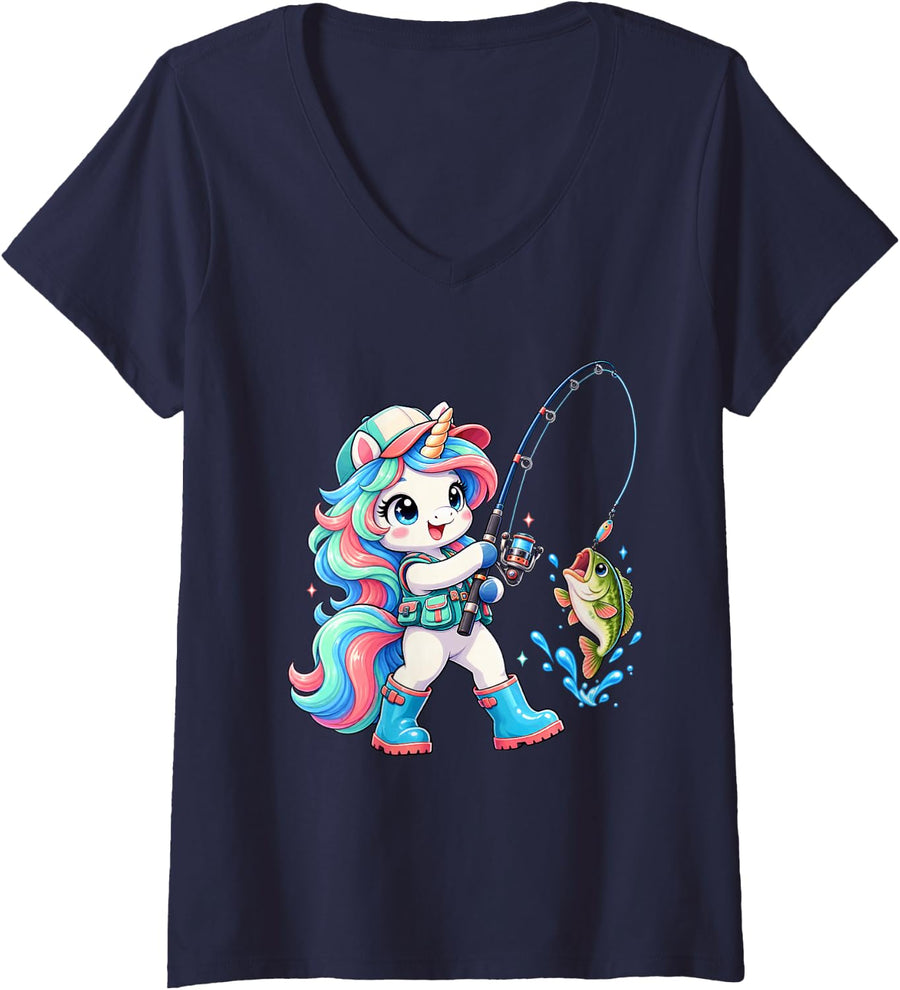 Women's Cute Unicorn Bass Fishing Angler Fisher Girl Women V-Neck T-Shirt - Navy Blue