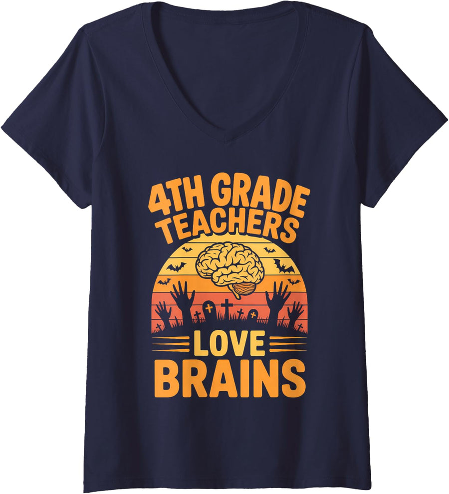 Women's 4th Grade Teachers Love Brains School Fun Halloween V-Neck T-Shirt - Navy Blue