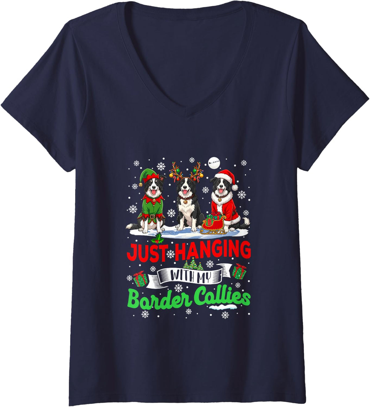 Women's Just Hanging with My Border Collies Xmas Santa Reindeer Elf V-Neck T-Shirt - Navy Blue