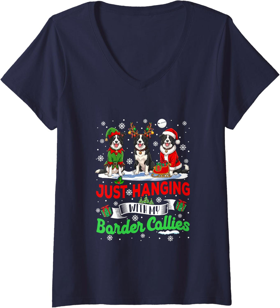 Women's Just Hanging with My Border Collies Xmas Santa Reindeer Elf V-Neck T-Shirt - Navy Blue